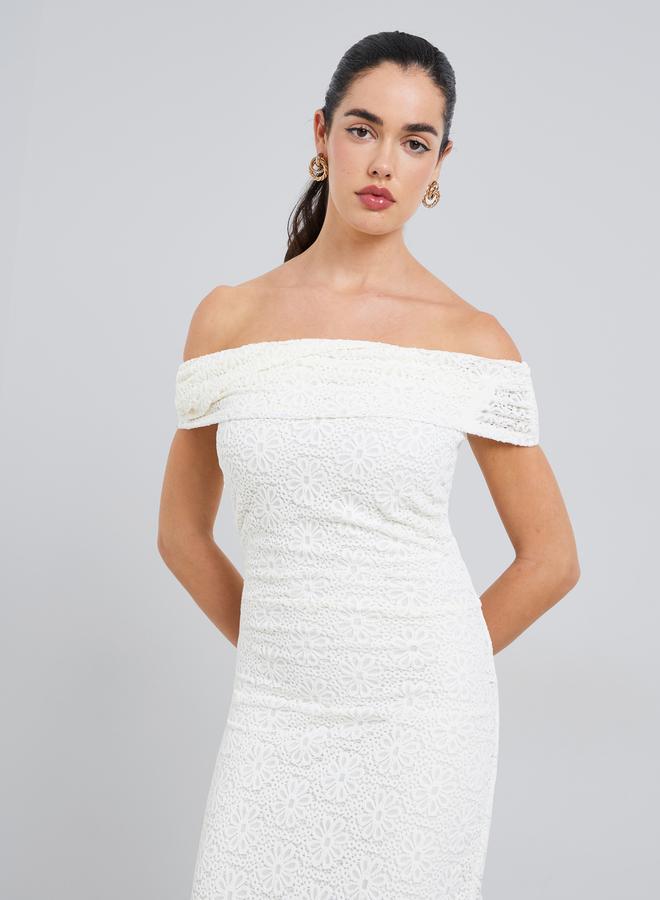 ستايلي فستان ماكسي نسائي دانتيل مكشوف الكتفين كريمي - Image 2